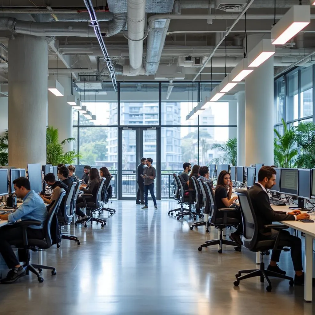 Oficina moderna de Hp Inc en Argentina con empleados colaborando